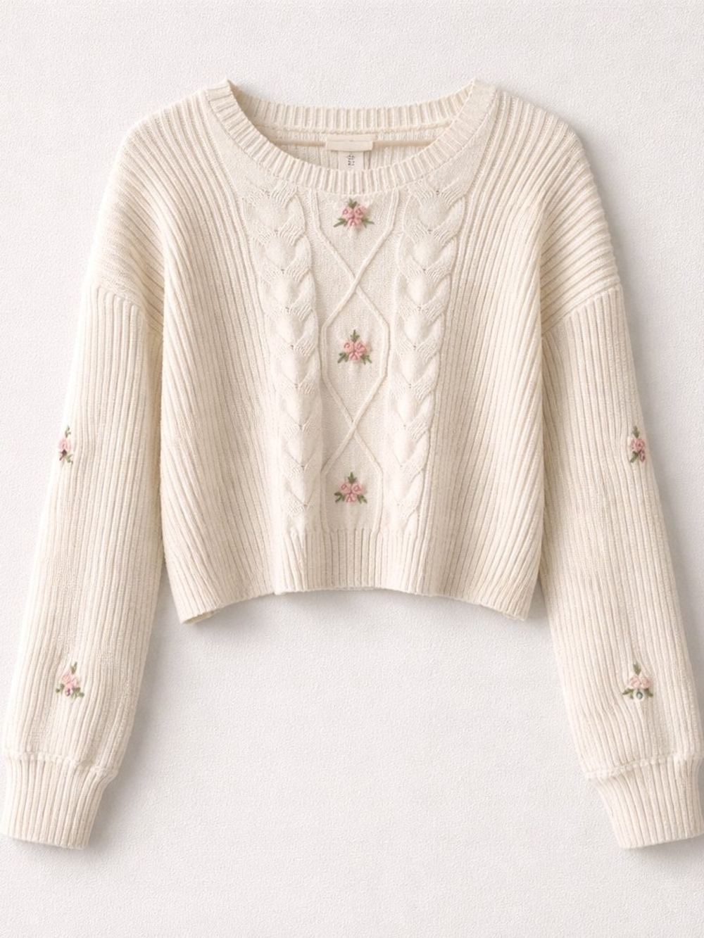 Very Truly Yours Ivory Floral Embroidered Cable Knit Sweater Crop Medium M
